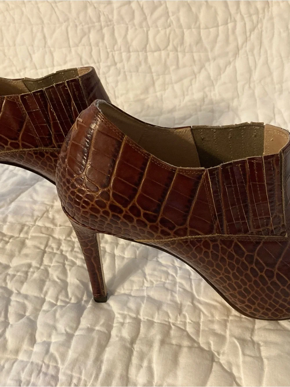 Croc-Effect Brown Stiletto Booties